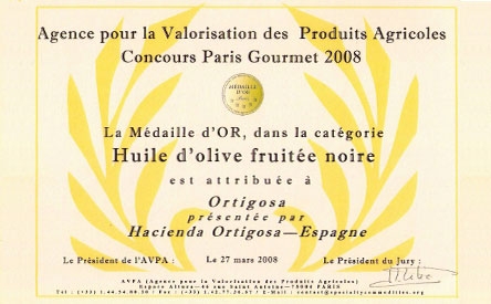 Primer premio MEDALLA DE ORO - Feria Gourmet París 2008 : Trujal Hacienda Ortigosa
